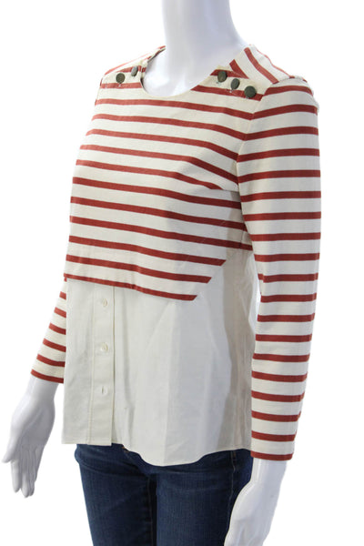 Veronica Beard Women Cropped Button-Up Striped Red Blouse Long Sleeve Size S