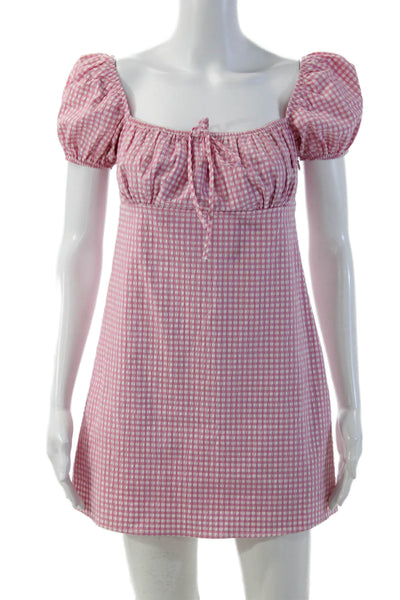 Zara Women Mini Sundress Pink Check Square Neck Drawstring Size M