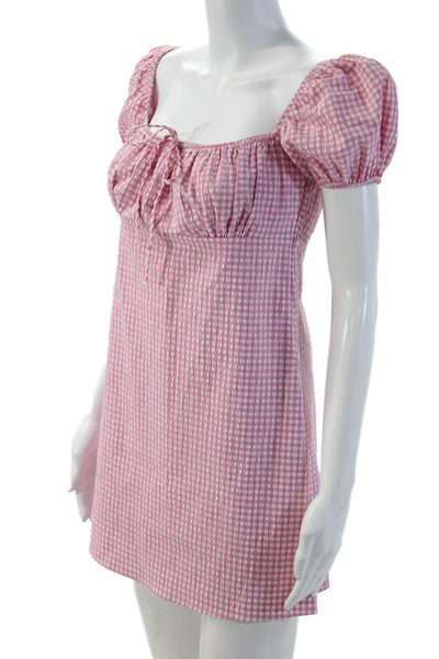 Zara Women Mini Sundress Pink Check Square Neck Drawstring Size M