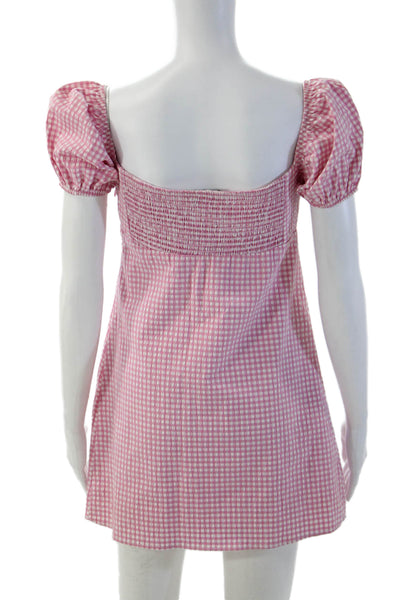 Zara Women Mini Sundress Pink Check Square Neck Drawstring Size M