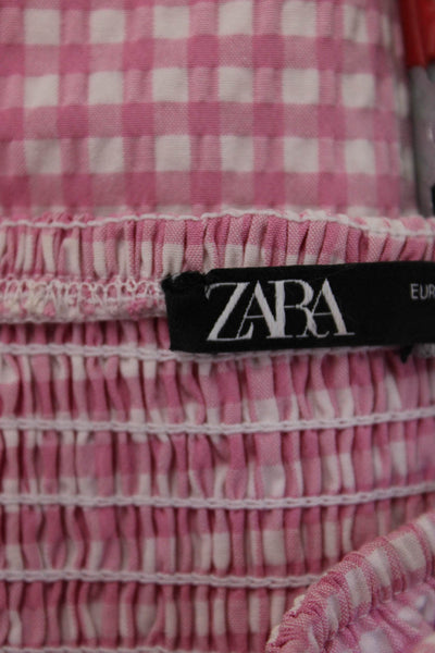 Zara Women Mini Sundress Pink Check Square Neck Drawstring Size M