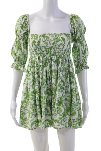 Misa Women Fit & Flare Mini Dress Green Square Neck 3/4 Sleeve Paisley Size S