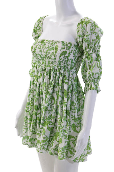 Misa Women Fit & Flare Mini Dress Green Square Neck 3/4 Sleeve Paisley Size S