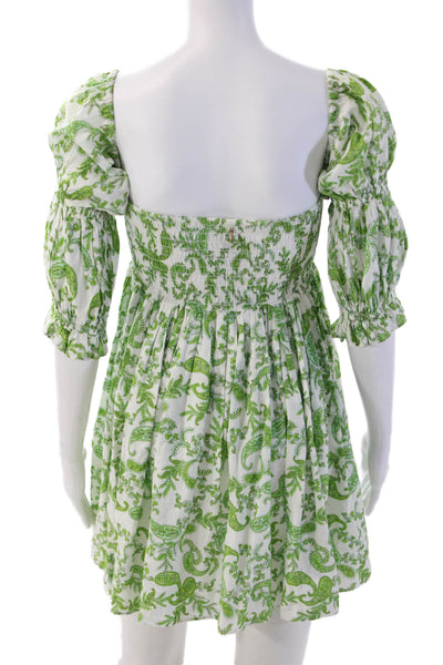 Misa Women Fit & Flare Mini Dress Green Square Neck 3/4 Sleeve Paisley Size S