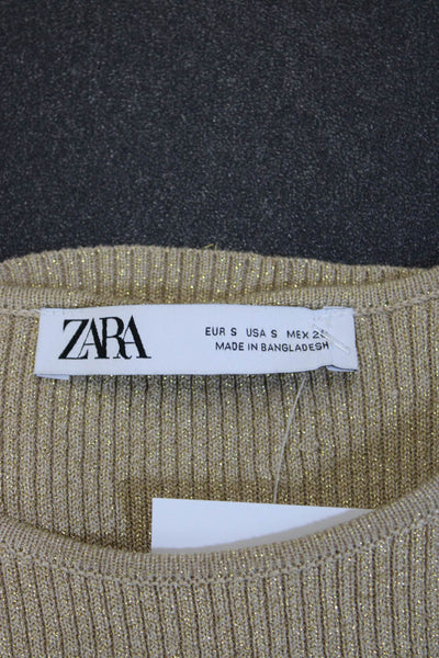 Zara Women Cropped Striped Tank Crew Neck Beige Sleeveless Size S