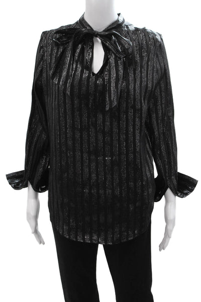 J Crew Women Striped Black Silk Metallic Tie Neck Blouse Long Sleeve Size 2