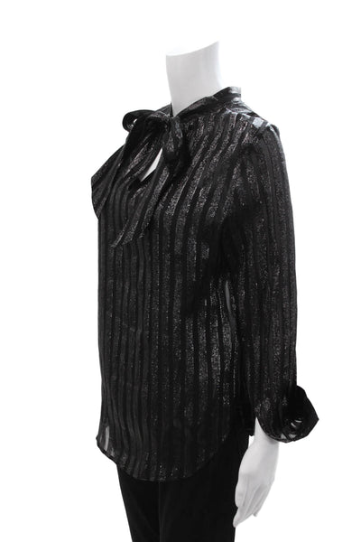 J Crew Women Striped Black Silk Metallic Tie Neck Blouse Long Sleeve Size 2