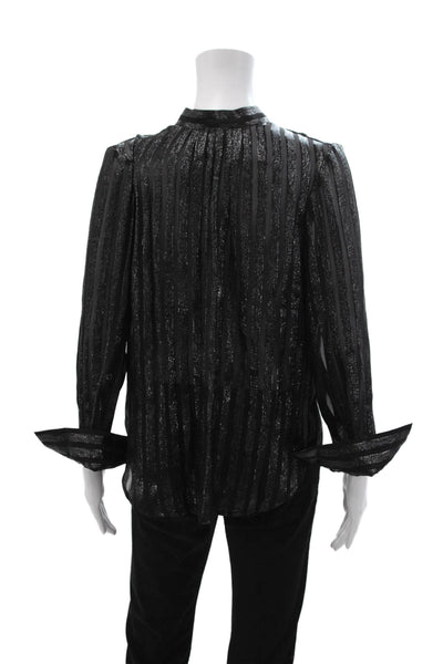 J Crew Women Striped Black Silk Metallic Tie Neck Blouse Long Sleeve Size 2