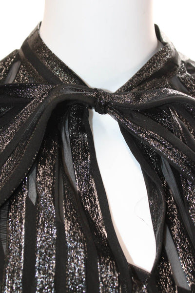 J Crew Women Striped Black Silk Metallic Tie Neck Blouse Long Sleeve Size 2