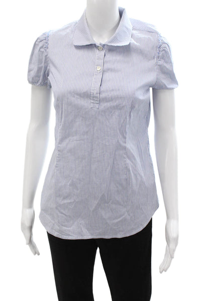 Theory Women Light Blue Striped Collared Button Up Blouse Short Sleeve Size M