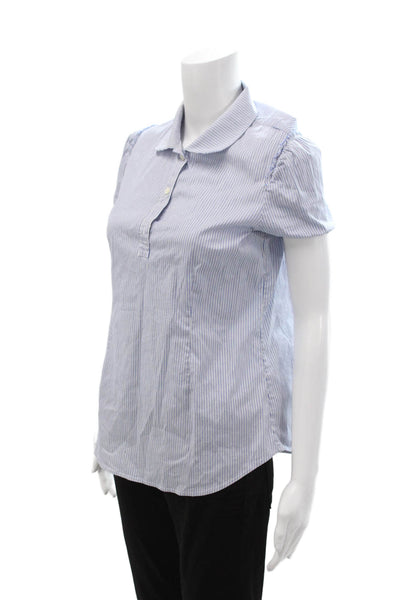 Theory Women Light Blue Striped Collared Button Up Blouse Short Sleeve Size M