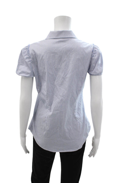 Theory Women Light Blue Striped Collared Button Up Blouse Short Sleeve Size M