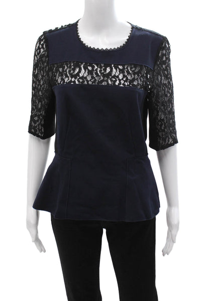 Rebecca Taylor Women Black Round Neck Hook & Eye 3/4 Sleeve Blouse Size 8