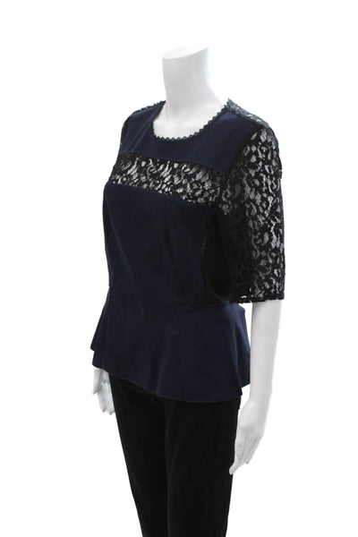 Rebecca Taylor Women Black Round Neck Hook & Eye 3/4 Sleeve Blouse Size 8
