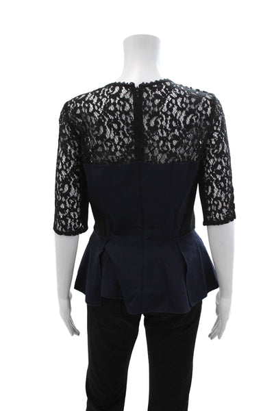 Rebecca Taylor Women Black Round Neck Hook & Eye 3/4 Sleeve Blouse Size 8