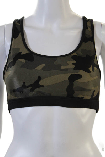 Koral Womens Scoop Neck Stretch Knit Camouflage Sports Bra Brown Black Small