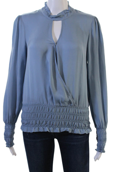 Parker Womens High Neck Button Long Sleeve Solid Blue Silk Blend Blouse Size XS