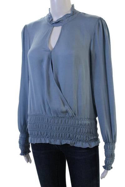 Parker Womens High Neck Button Long Sleeve Solid Blue Silk Blend Blouse Size XS