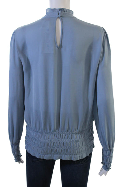 Parker Womens High Neck Button Long Sleeve Solid Blue Silk Blend Blouse Size XS