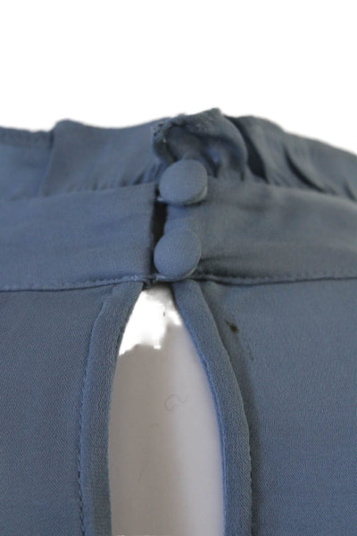 Parker Womens High Neck Button Long Sleeve Solid Blue Silk Blend Blouse Size XS