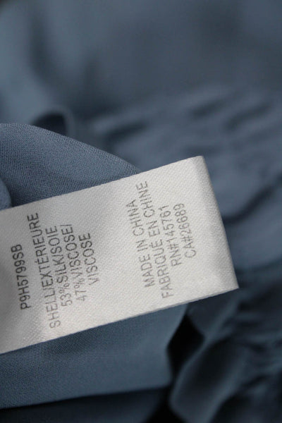 Parker Womens High Neck Button Long Sleeve Solid Blue Silk Blend Blouse Size XS
