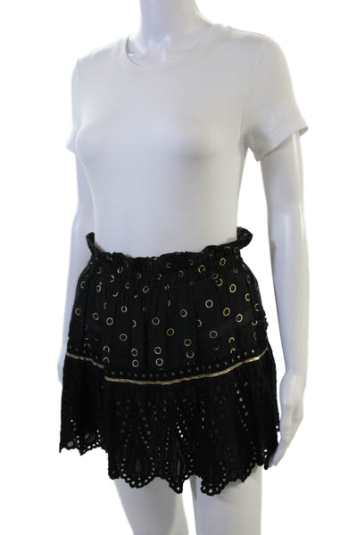 Ramy Brook Women Peasant Mini Skirt Black Geometric Cotton Silk Size S