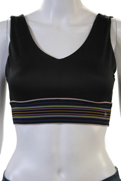 Splendid Womens Striped Trim V Neck Stretch Knit Sports Bra Black Size Small