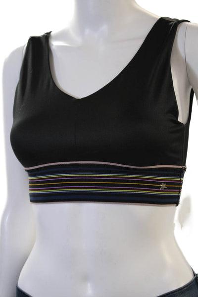 Splendid Womens Striped Trim V Neck Stretch Knit Sports Bra Black Size Small