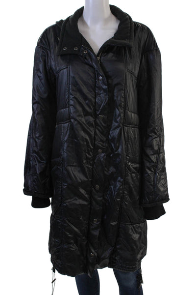 Designer Womens Puffer Jacket Quilted Black Button Collared Size 2