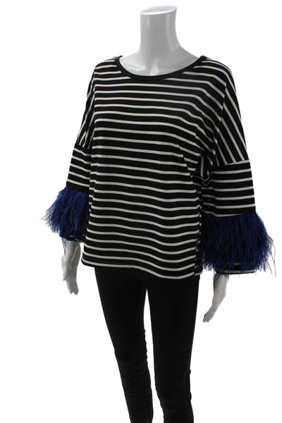 Pello Bello Women Black Striped Round Neck 3/4 Sleeve Top Size One Size