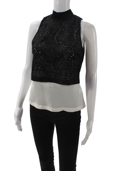 A.L.C. Women Cropped Floral Mock Neck Sleeveless Tank Black Polyester Size 2