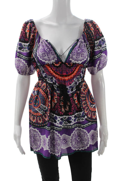 Single Women Tunic Blouse Purple Paisley V-Neck Short Sleeve Cotton Silk Size S
