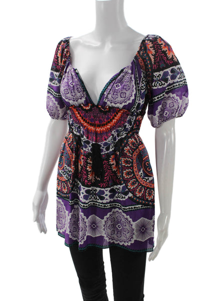 Single Women Tunic Blouse Purple Paisley V-Neck Short Sleeve Cotton Silk Size S