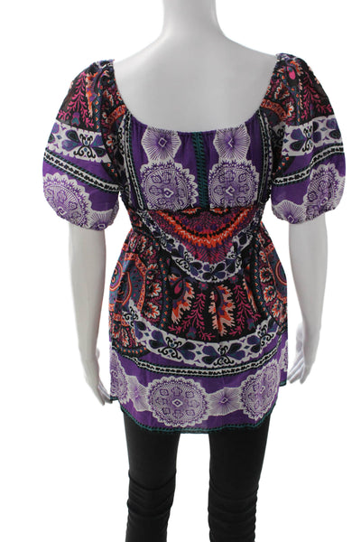Single Women Tunic Blouse Purple Paisley V-Neck Short Sleeve Cotton Silk Size S