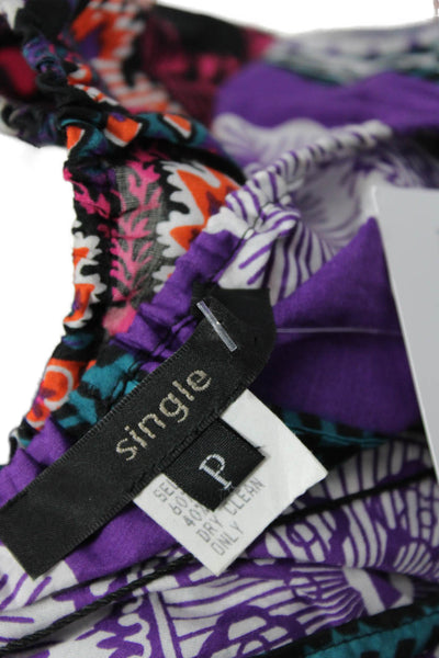 Single Women Tunic Blouse Purple Paisley V-Neck Short Sleeve Cotton Silk Size S