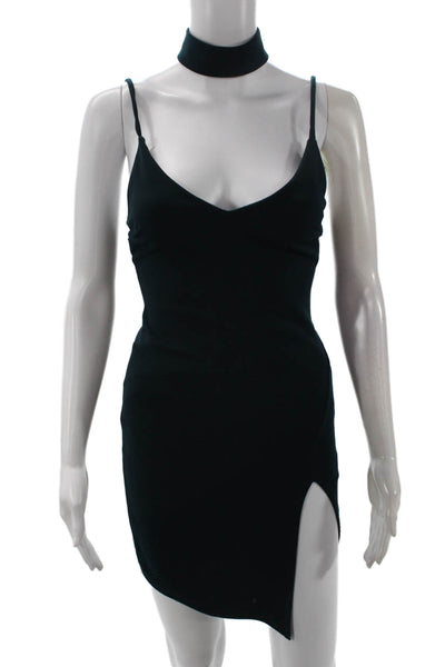 Blue Blush Women Bodycon Mini Dress Black Sleeveless Mock Neck Button Size S