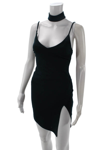 Blue Blush Women Bodycon Mini Dress Black Sleeveless Mock Neck Button Size S