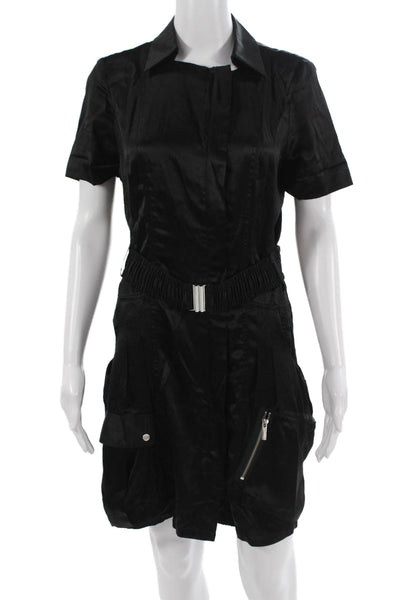 Karen Millen Women Shirt Dress Black Collared Short Sleeve Army Buckle Size 8