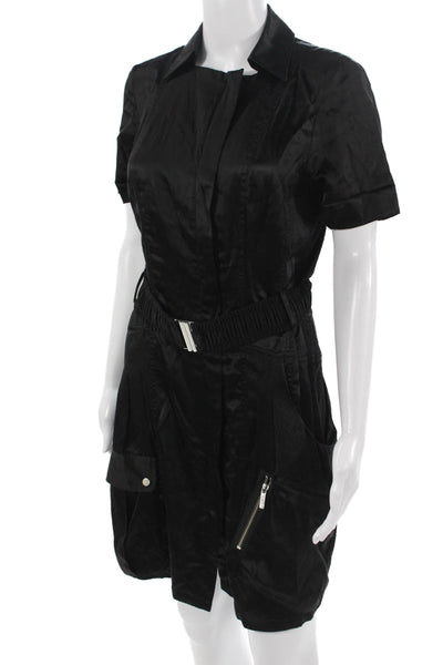 Karen Millen Women Shirt Dress Black Collared Short Sleeve Army Buckle Size 8