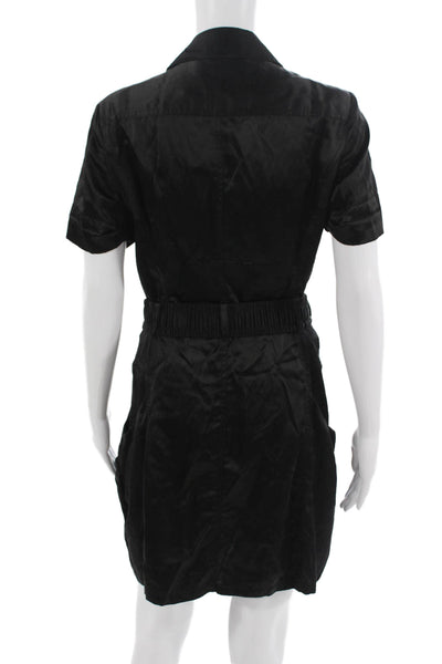 Karen Millen Women Shirt Dress Black Collared Short Sleeve Army Buckle Size 8