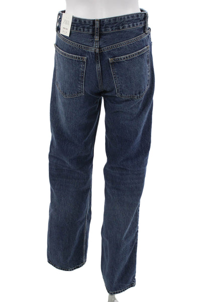 Zara Unisex Straight Dark Blue Cotton Mid Rise Jeans Size 34