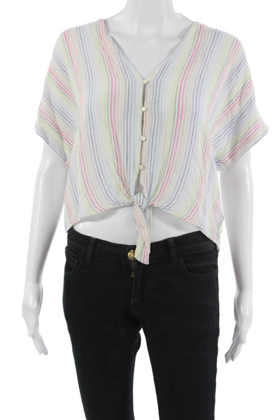 Rails Womens Cropped Striped Button Up V Neck Short Sleeve Blouse Size S