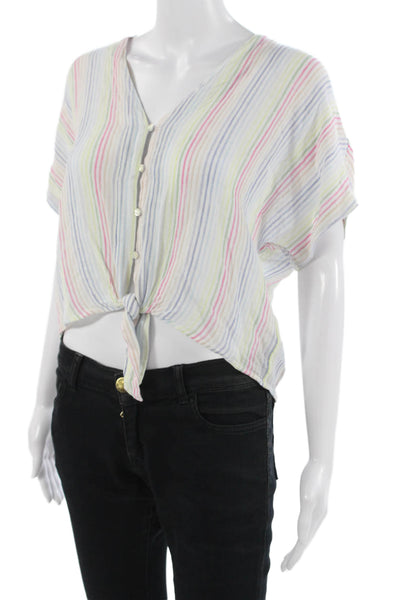 Rails Womens Cropped Striped Button Up V Neck Short Sleeve Blouse Size S