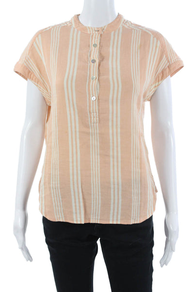 Faherty Women Beige Striped Cotton High Neck Short Sleeve Button-Up Size XS