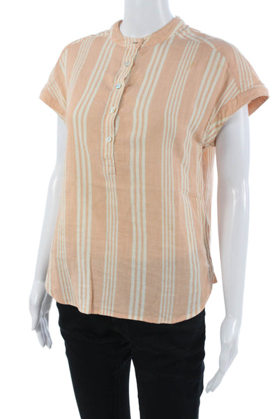 Faherty Women Beige Striped Cotton High Neck Short Sleeve Button-Up Size XS