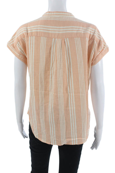 Faherty Women Beige Striped Cotton High Neck Short Sleeve Button-Up Size XS