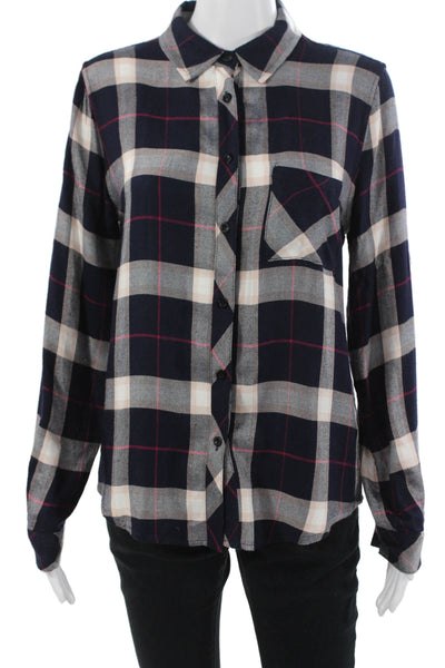 Le Lis Women Dark Blue Plaid Collared Rayon Button-Up Blouse Long Sleeve Size S