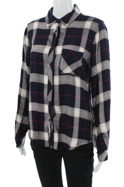 Le Lis Women Dark Blue Plaid Collared Rayon Button-Up Blouse Long Sleeve Size S
