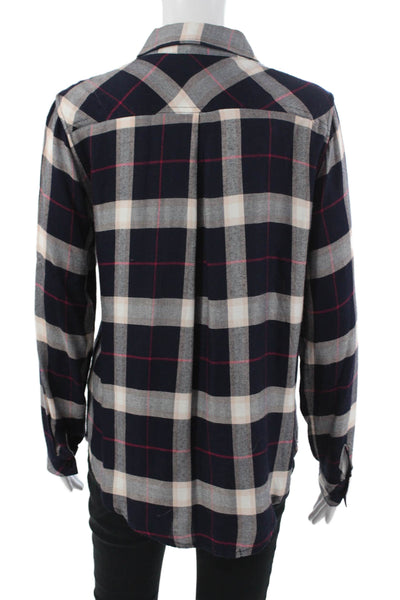 Le Lis Women Dark Blue Plaid Collared Rayon Button-Up Blouse Long Sleeve Size S