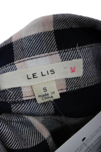 Le Lis Women Dark Blue Plaid Collared Rayon Button-Up Blouse Long Sleeve Size S